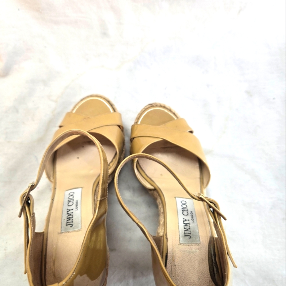 Jimmy Choo Women's 38.5 Wedge Espadrilles Nude Patent Leather Sandals - Picture 6 of 7